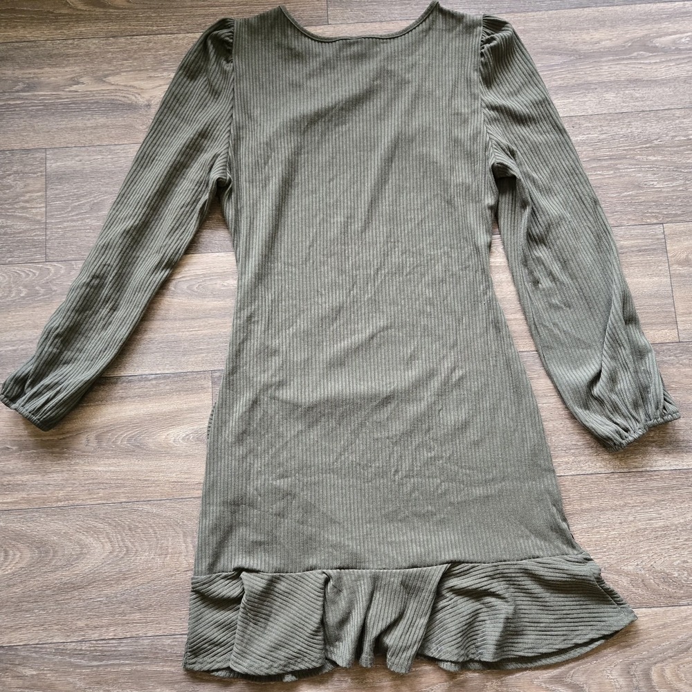 Dark Academia Long Sleeve Bodycon Mini‎ Dress Round Neck Knit Ruffle Ribbed - Picture 8 of 8